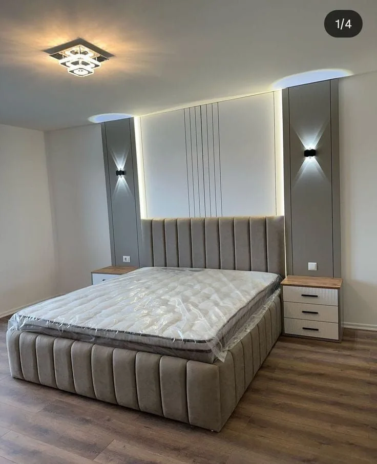 Beige Channel Queen Bed — custom bedroom collection by Kofi Serbeh Furniture